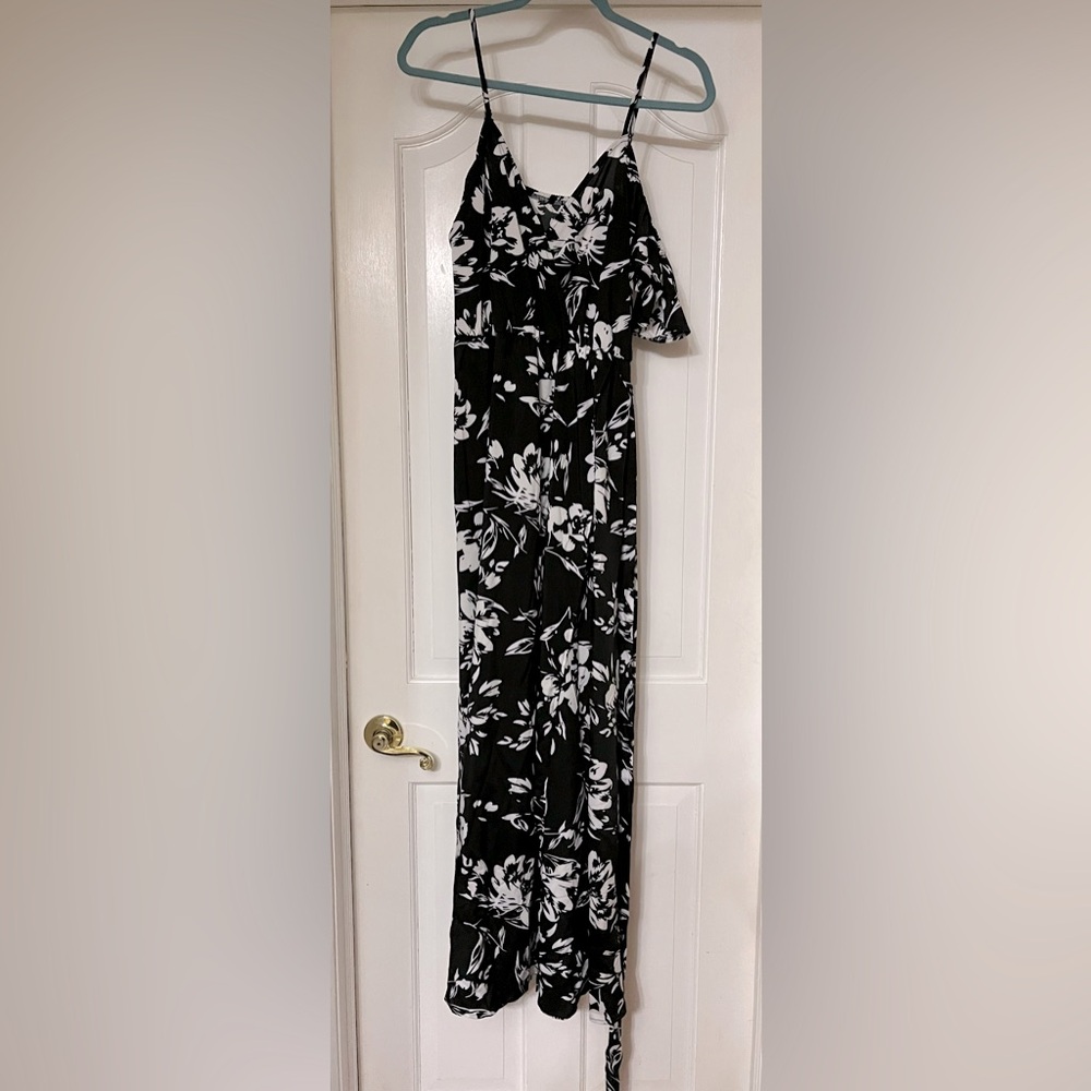 Print Cold Shoulder Split Thigh Belted Maxi Dress